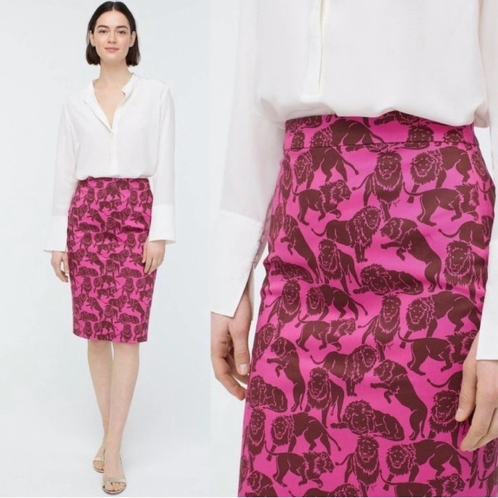 NWT J.Crew No. 2 Pencil Skirt Size 8 Sleepy Lions Print Bright Pink Brown Lined